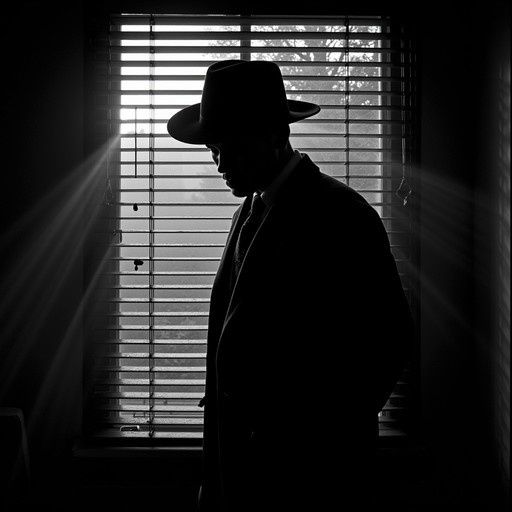 Schattenhafte Gestalt mit Hut vor Jalousien im Stil des Film noir